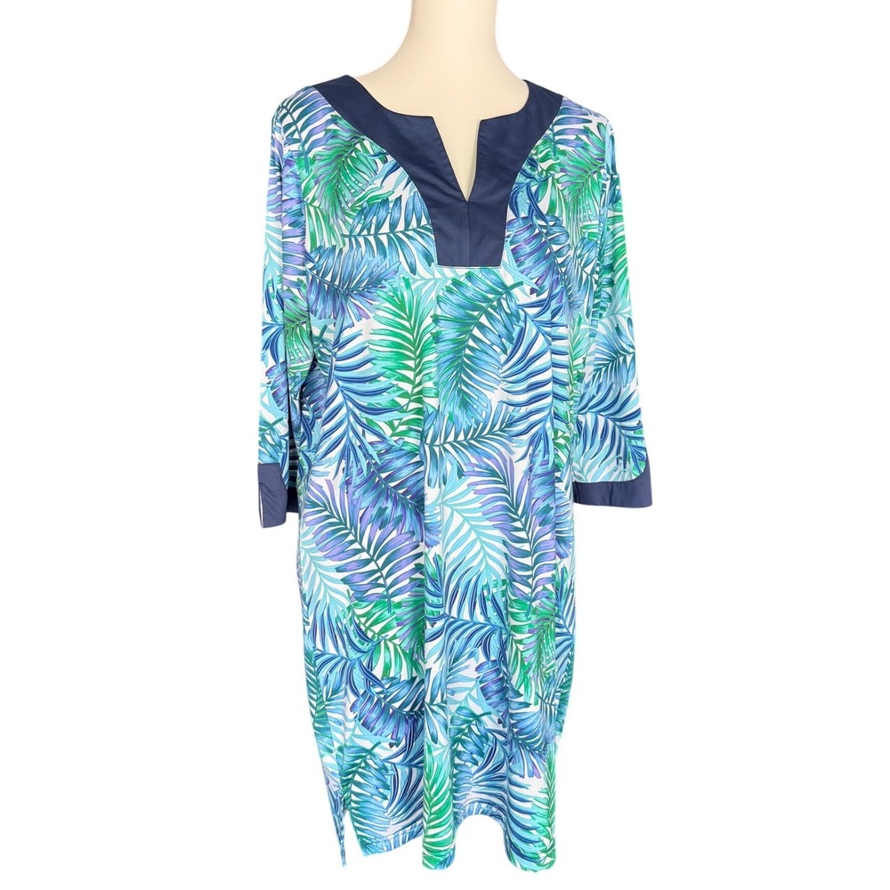 Caribbean Joe Womens Large Tropical Palm Leaf Split Neck Coverup Blue Green